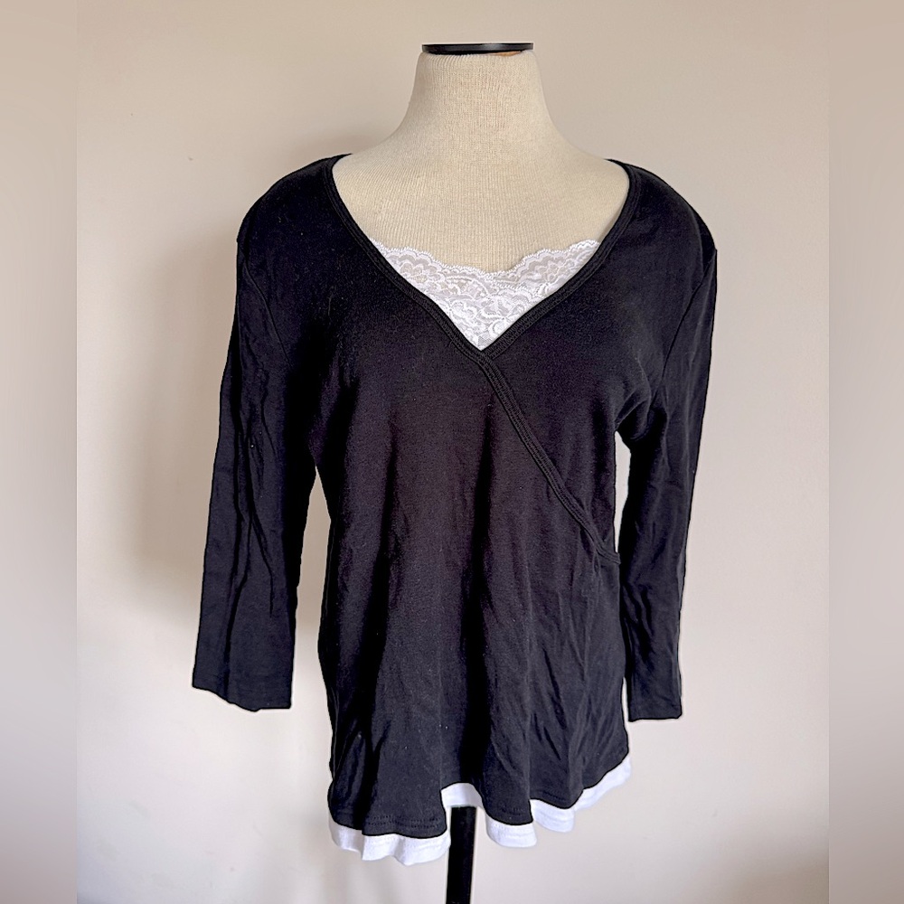 CAROLYN TAYLOR Black Crossover Shirt Long Sleeve Top with White Lace Trim XL